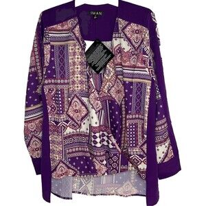 IMAN Global Chic Women’s Purple Geometric Print Draped Blouse Size Small New!
